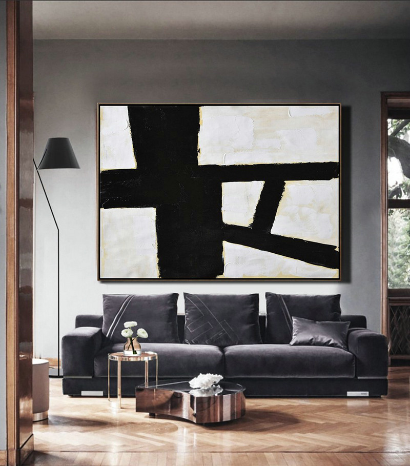 Hand Painted Original Art,Horizontal Palette Knife Minimal Canvas Art Painting Black White Beige - Contemporary Art Wall Decor